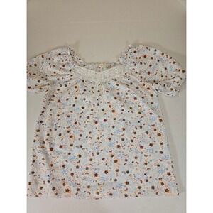 C&C California Floral Print Lace Trim Puff Short Sleeve Casual Summer Blouse